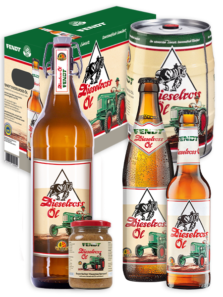 5l Fass, 12 Karton 1l, 0,5l und 0,33l Flasche des Fendt Dieselross Öl der Aktienbrauerei Kaufbeuren
