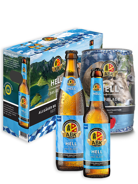 12er Karton, 5l Fass, 0,33l und 0,5l Flasche Helles Bier "das Blaue" der Aktienbrauerei Kaufbeuren