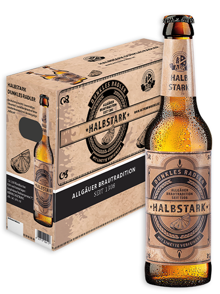 0,5l Flasche und 12er Karton dunkles Radler der Aktienbrauerei Kaufbeuren